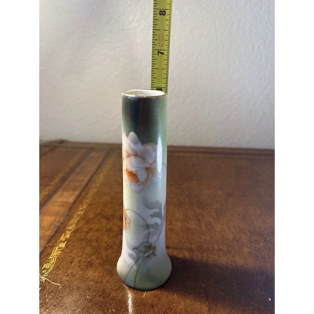 VTG Germany Porcelain Bud Vase Hat Pin Holder Green with White/Peach Roses 6